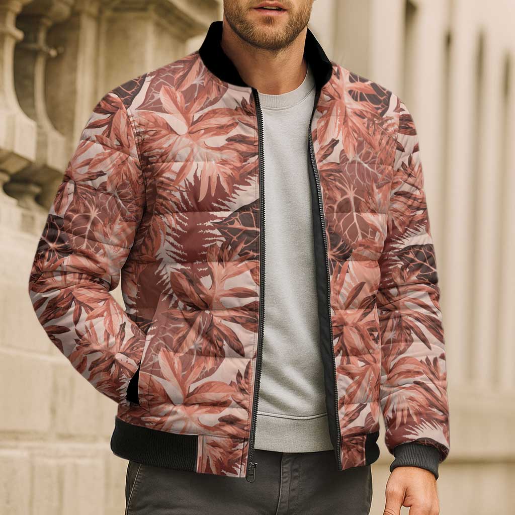 Hawaii Red Brown Tropical Leaves Bomber Puffer Jacket - Polynesian Pride