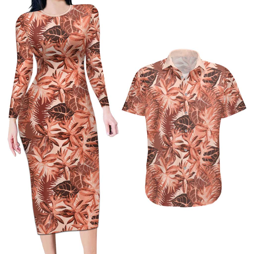 Hawaii Red Brown Tropical Leaves Couples Matching Long Sleeve Bodycon Dress and Hawaiian Shirt - Polynesian Pride