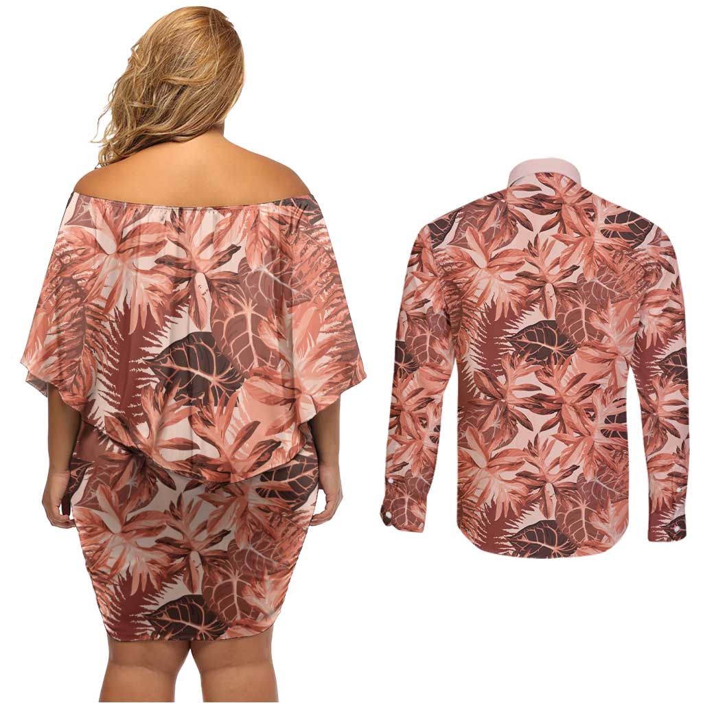 Hawaii Red Brown Tropical Leaves Couples Matching Off Shoulder Short Dress and Long Sleeve Button Shirt - Polynesian Pride