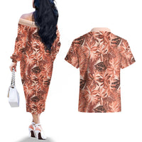 Hawaii Red Brown Tropical Leaves Couples Matching Off The Shoulder Long Sleeve Dress and Hawaiian Shirt - Polynesian Pride