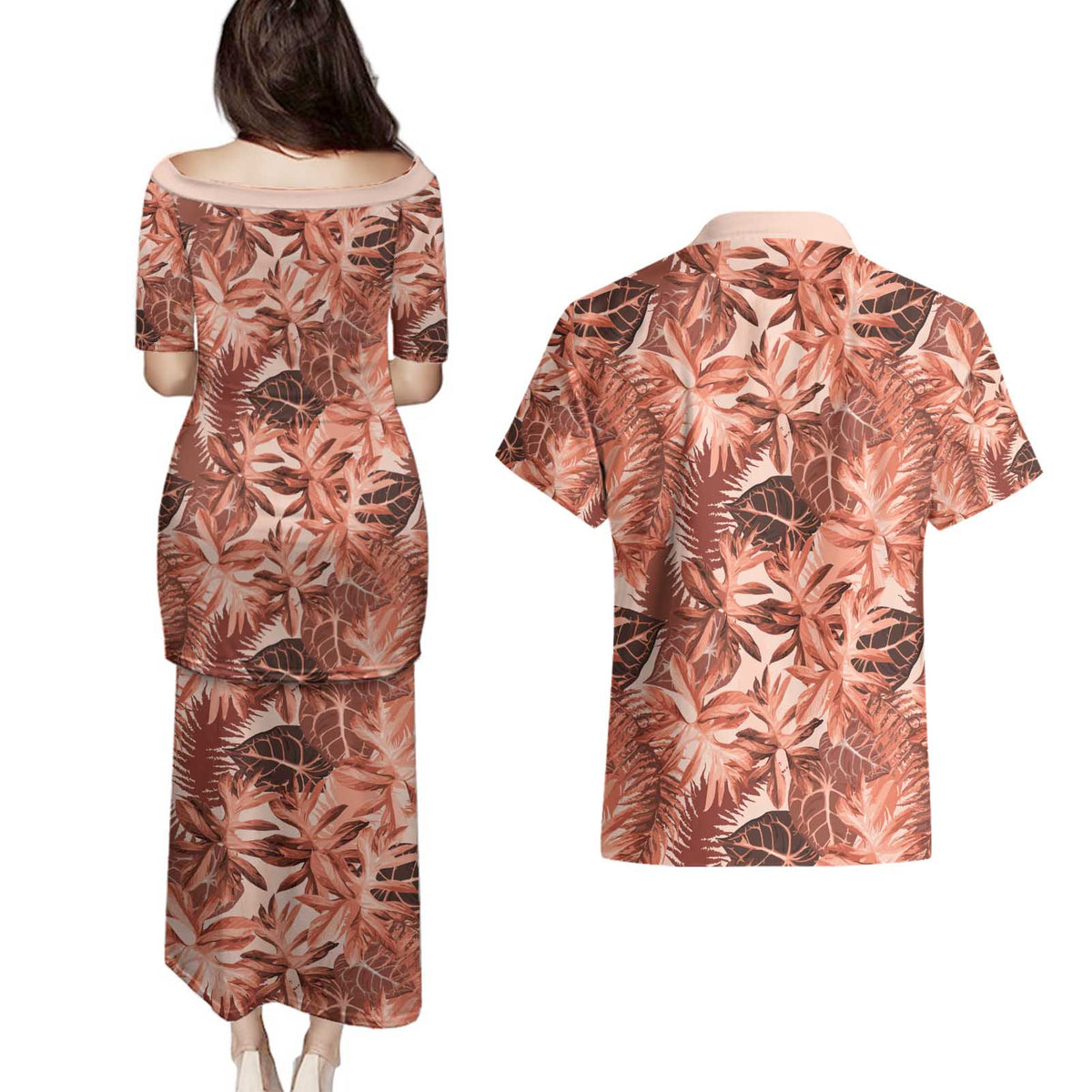 Hawaii Red Brown Tropical Leaves Couples Matching Puletasi and Hawaiian Shirt - Polynesian Pride