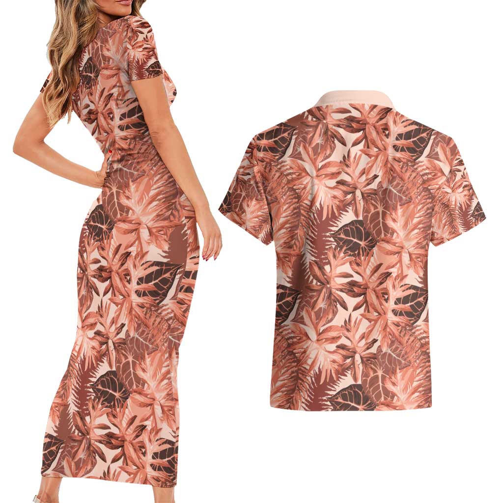 Hawaii Red Brown Tropical Leaves Couples Matching Short Sleeve Bodycon Dress and Hawaiian Shirt - Polynesian Pride