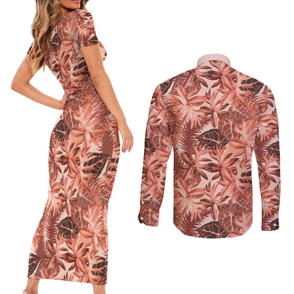 Hawaii Red Brown Tropical Leaves Couples Matching Short Sleeve Bodycon Dress and Long Sleeve Button Shirt - Polynesian Pride