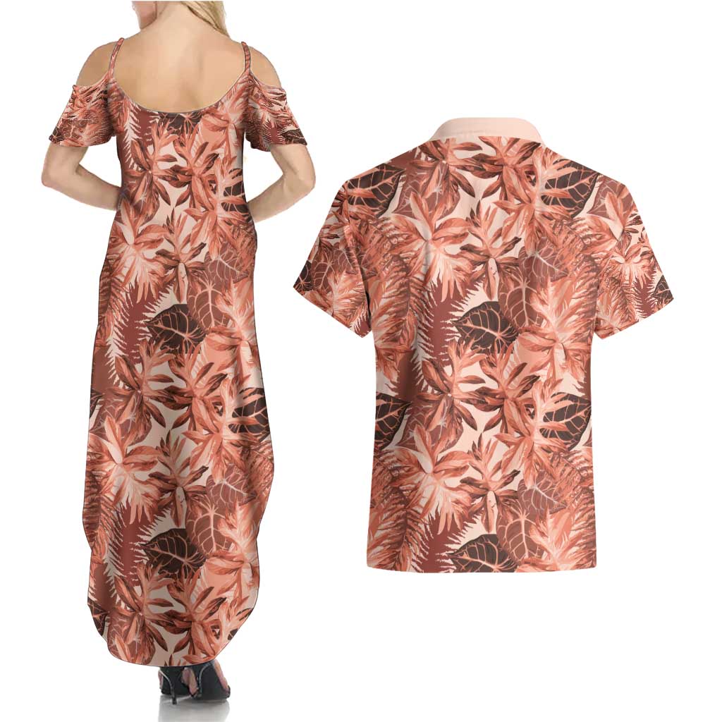 Hawaii Red Brown Tropical Leaves Couples Matching Summer Maxi Dress and Hawaiian Shirt - Polynesian Pride