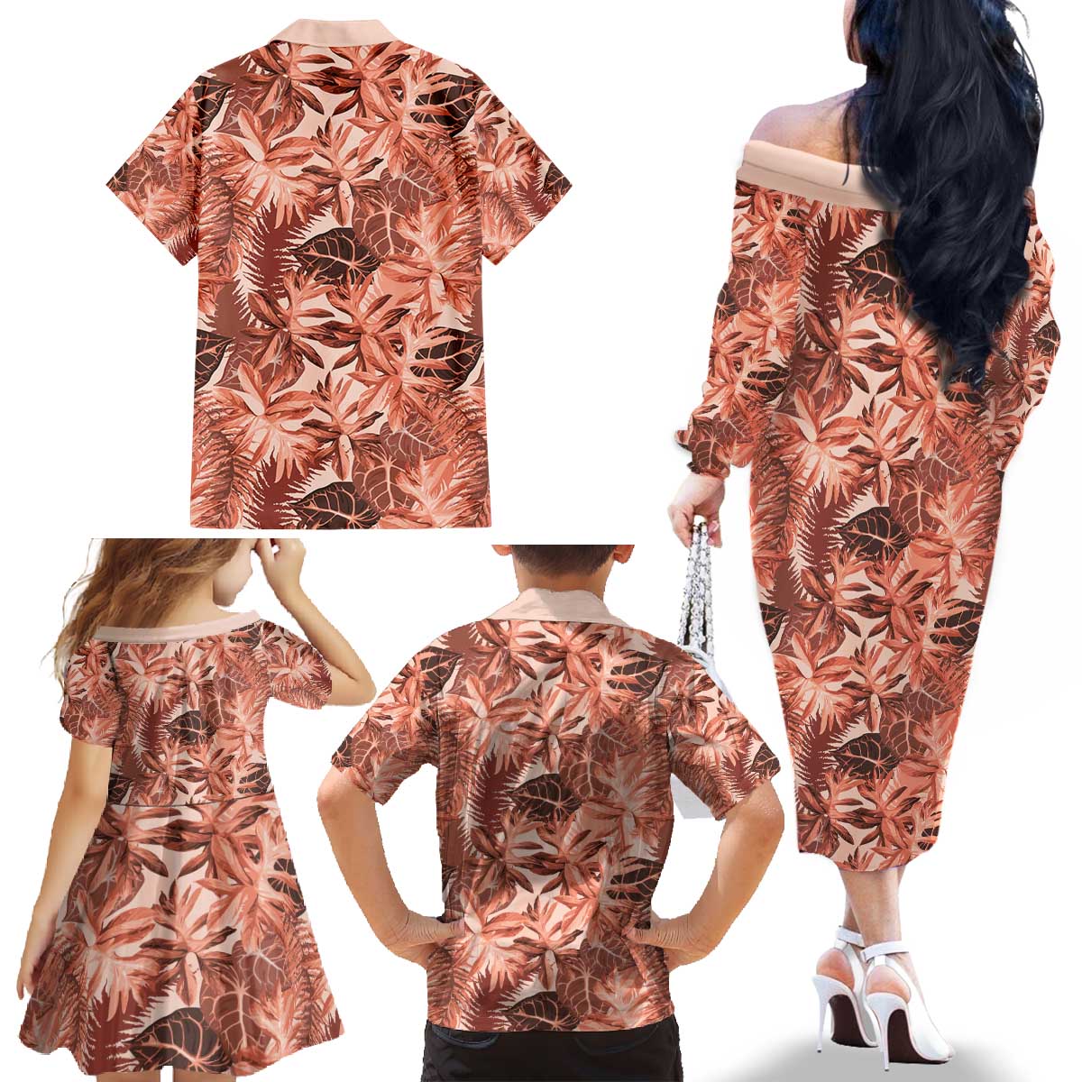 Hawaii Red Brown Tropical Leaves Family Matching Off The Shoulder Long Sleeve Dress and Hawaiian Shirt - Polynesian Pride
