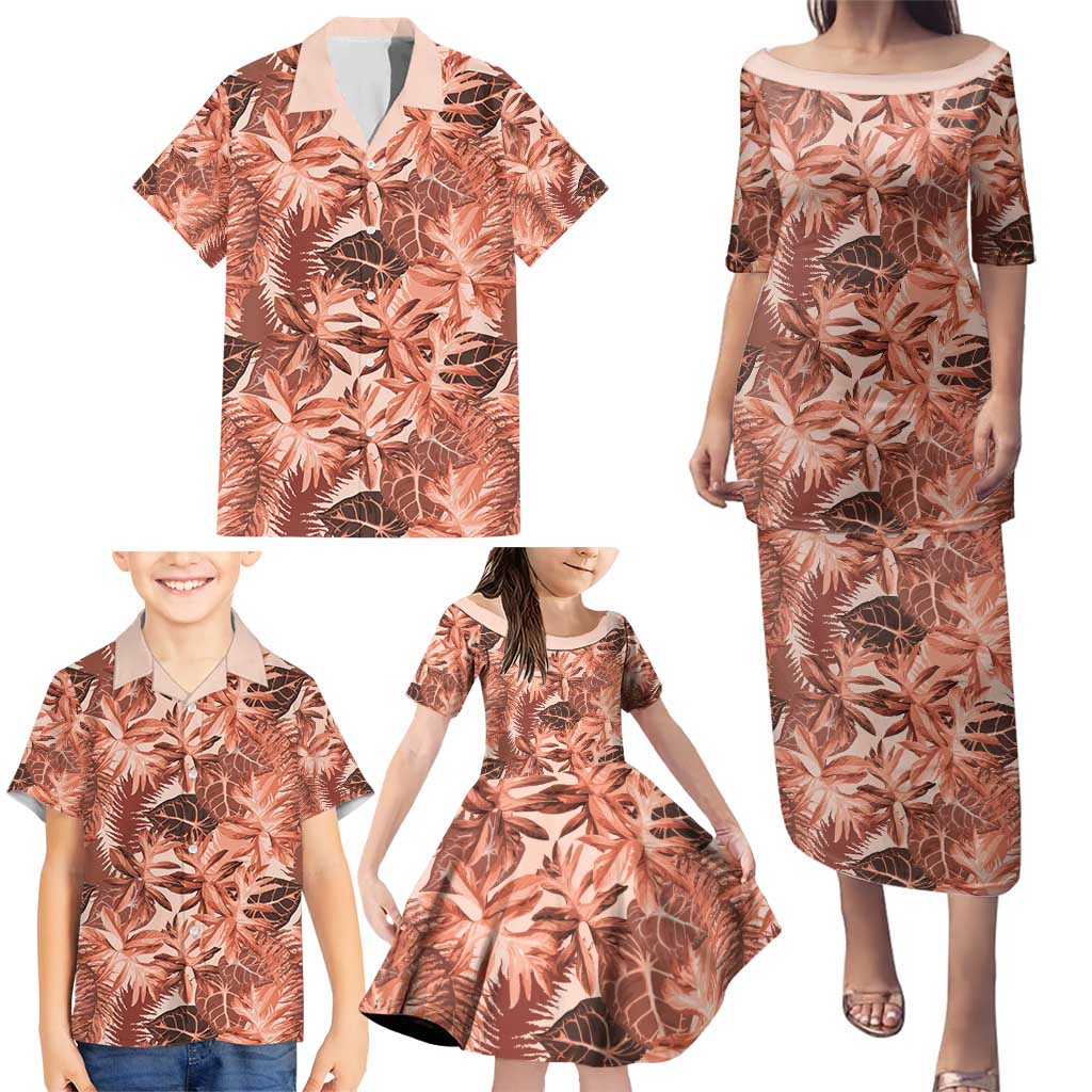 Hawaii Red Brown Tropical Leaves Family Matching Puletasi and Hawaiian Shirt - Polynesian Pride