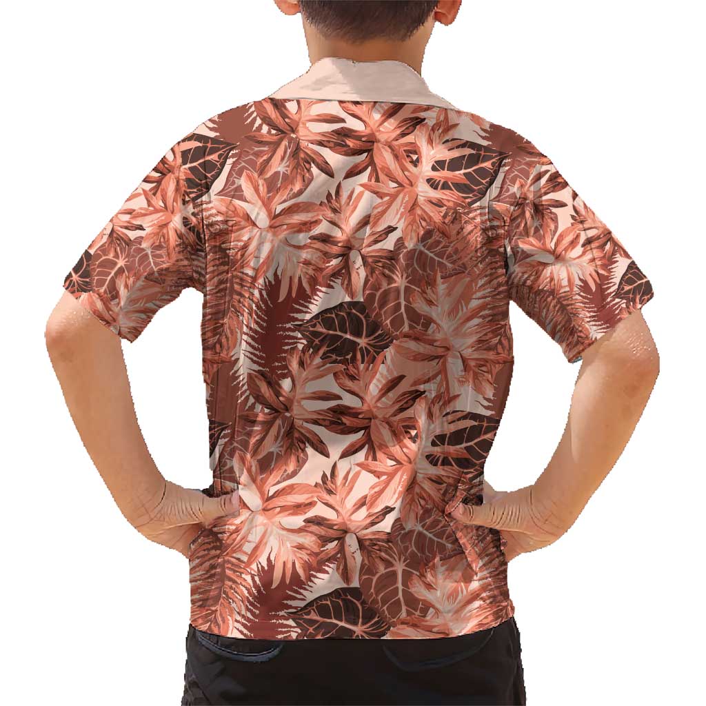 Hawaii Red Brown Tropical Leaves Family Matching Short Sleeve Bodycon Dress and Hawaiian Shirt - Polynesian Pride