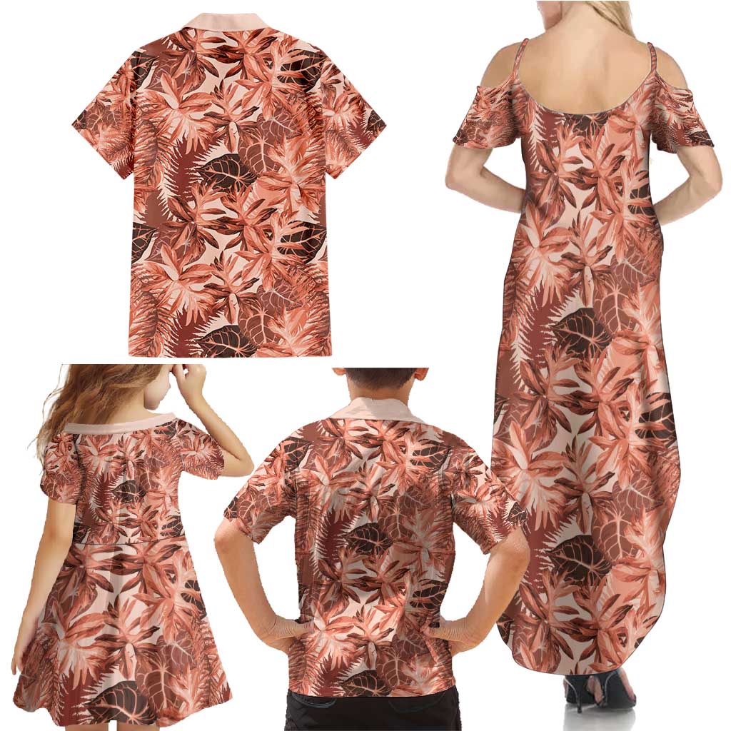 Hawaii Red Brown Tropical Leaves Family Matching Summer Maxi Dress and Hawaiian Shirt - Polynesian Pride