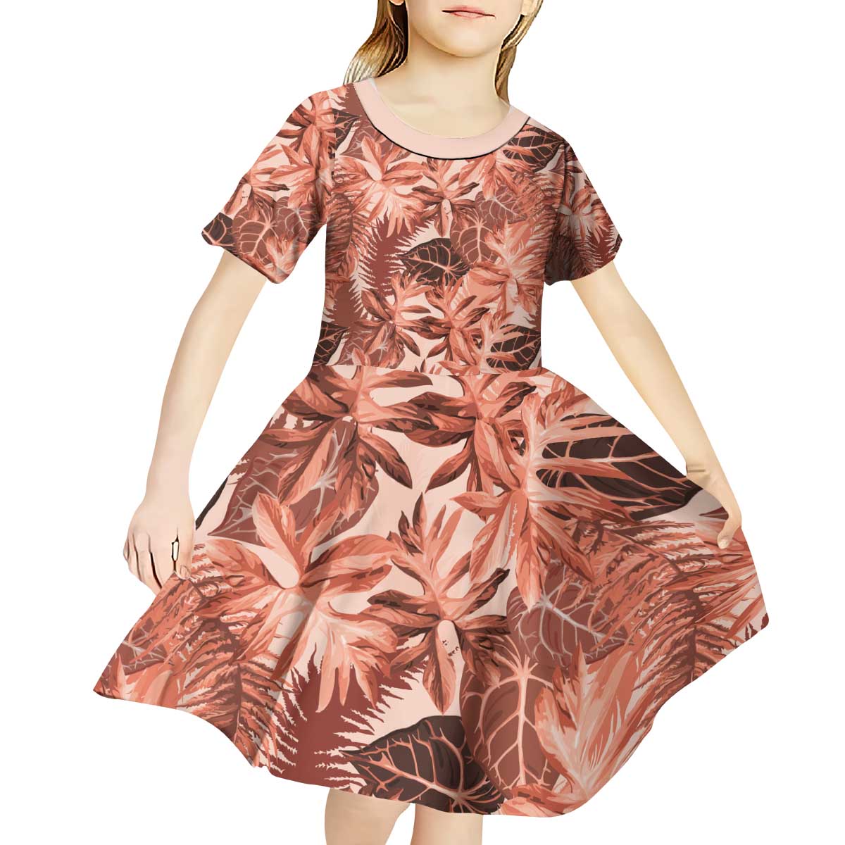 Hawaii Red Brown Tropical Leaves Kid Short Sleeve Dress - Polynesian Pride