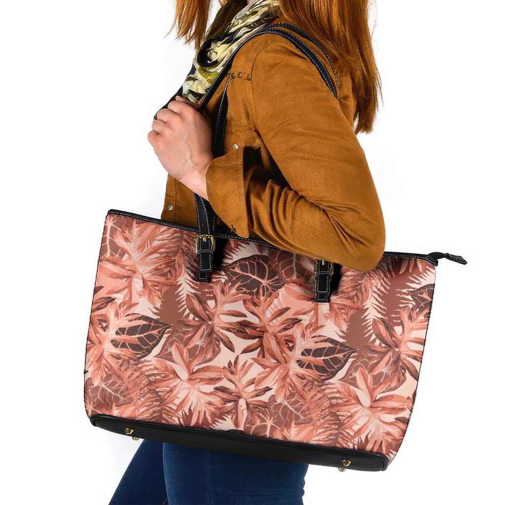 Hawaii Red Brown Tropical Leaves Leather Tote Bag - Polynesian Pride
