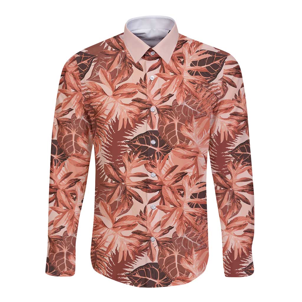 Hawaii Red Brown Tropical Leaves Long Sleeve Button Shirt - Polynesian Pride