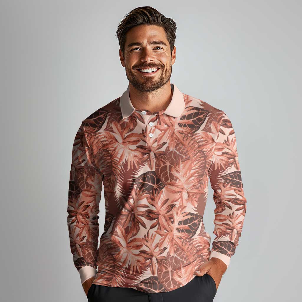 Hawaii Red Brown Tropical Leaves Long Sleeve Polo Shirt - Polynesian Pride