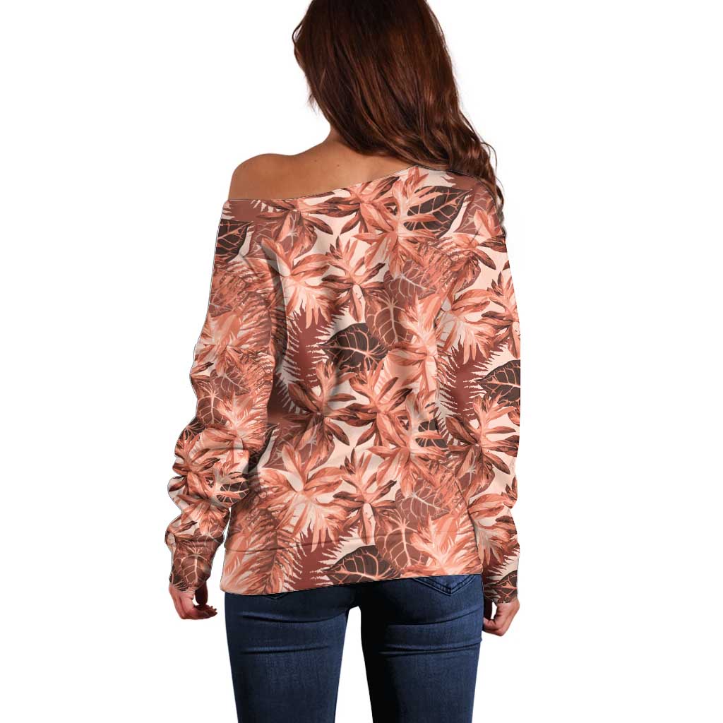 Hawaii Red Brown Tropical Leaves Off Shoulder Sweater - Polynesian Pride