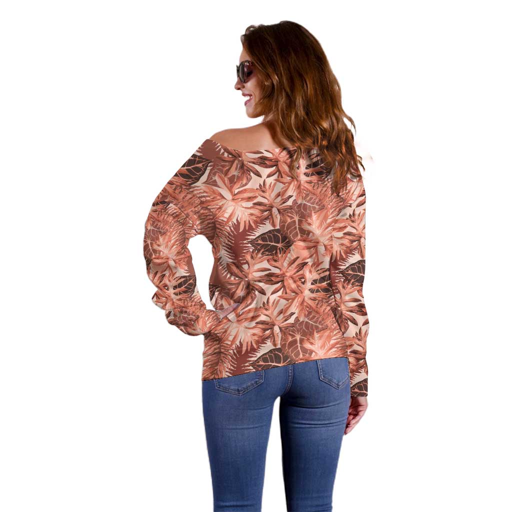 Hawaii Red Brown Tropical Leaves Off Shoulder Sweater - Polynesian Pride