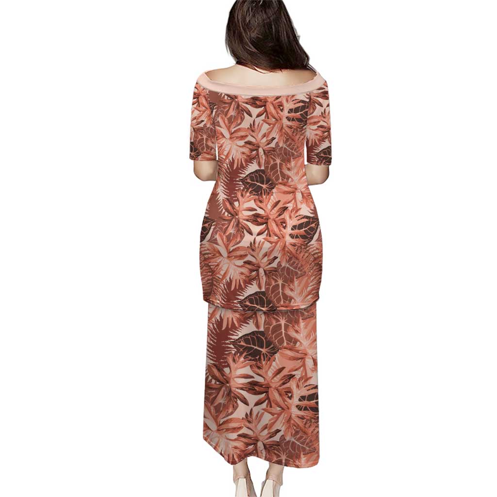 Hawaii Red Brown Tropical Leaves Puletasi - Polynesian Pride
