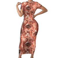 Hawaii Red Brown Tropical Leaves Short Sleeve Bodycon Dress - Polynesian Pride