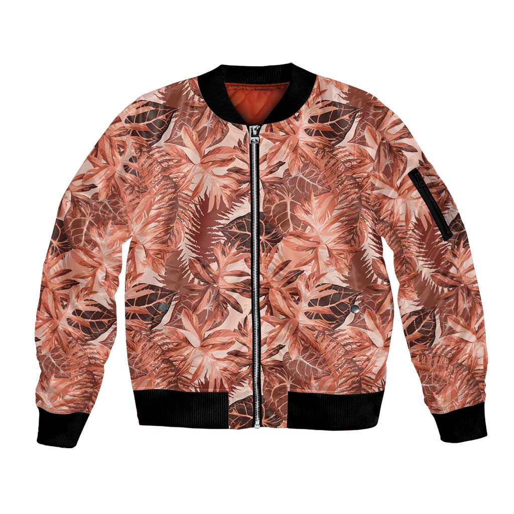 Hawaii Red Brown Tropical Leaves Sleeve Zip Bomber Jacket - Polynesian Pride