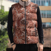 Hawaii Red Brown Tropical Leaves Sleeveless Puffer Jacket - Polynesian Pride