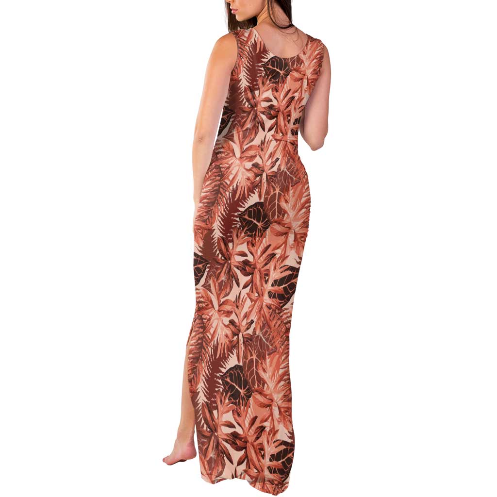 Hawaii Red Brown Tropical Leaves Tank Maxi Dress - Polynesian Pride
