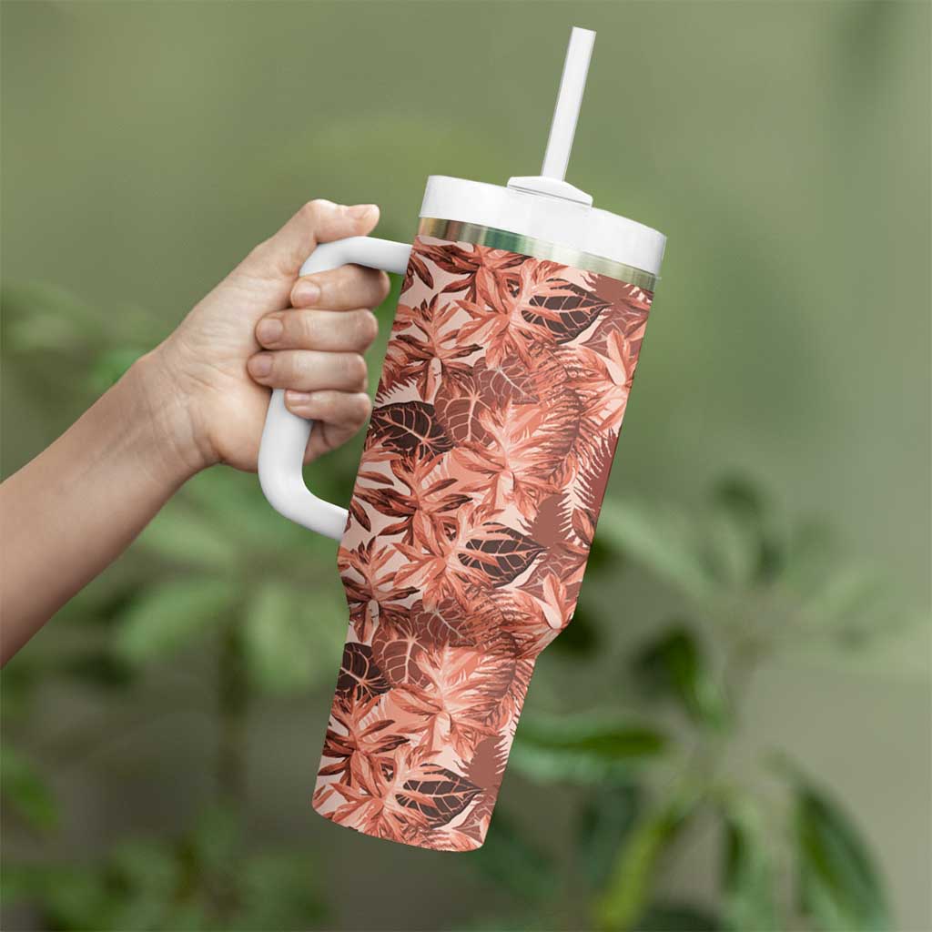 Hawaii Red Brown Tropical Leaves Tumbler With Handle - Polynesian Pride