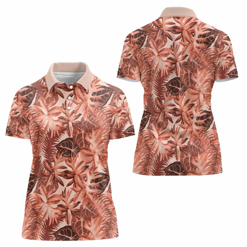Hawaii Red Brown Tropical Leaves Women Polo Shirt - Polynesian Pride