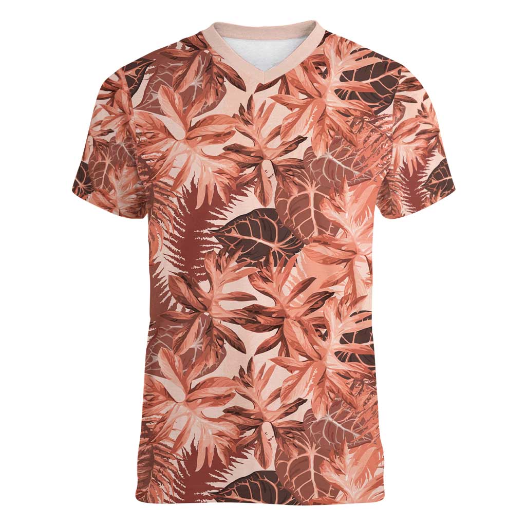 Hawaii Red Brown Tropical Leaves Women V-Neck T-Shirt - Polynesian Pride
