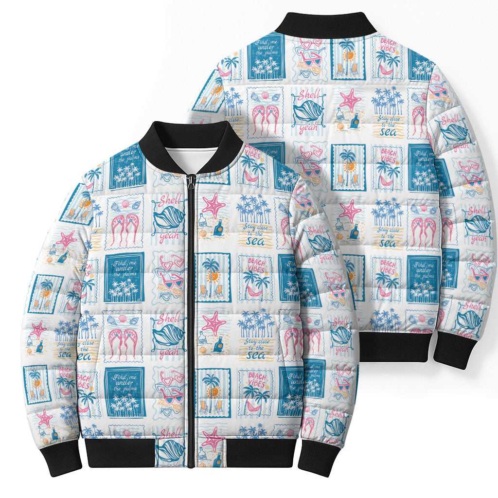 Hawaii Coastal Summer Postcard Bomber Puffer Jacket