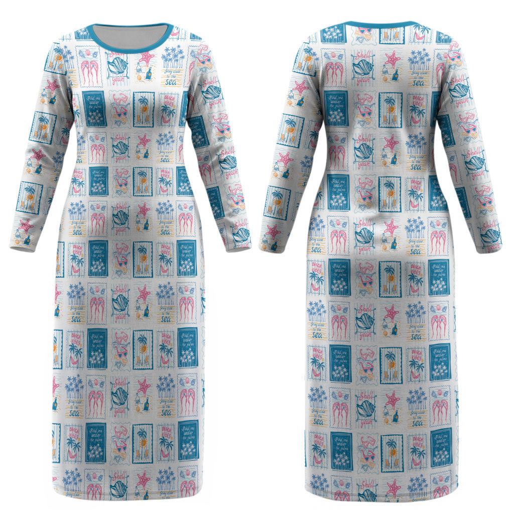 Hawaii Coastal Summer Postcard Couples Matching Long Sleeve Bodycon Dress and Hawaiian Shirt