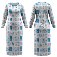 Hawaii Coastal Summer Postcard Couples Matching Long Sleeve Bodycon Dress and Long Sleeve Button Shirt