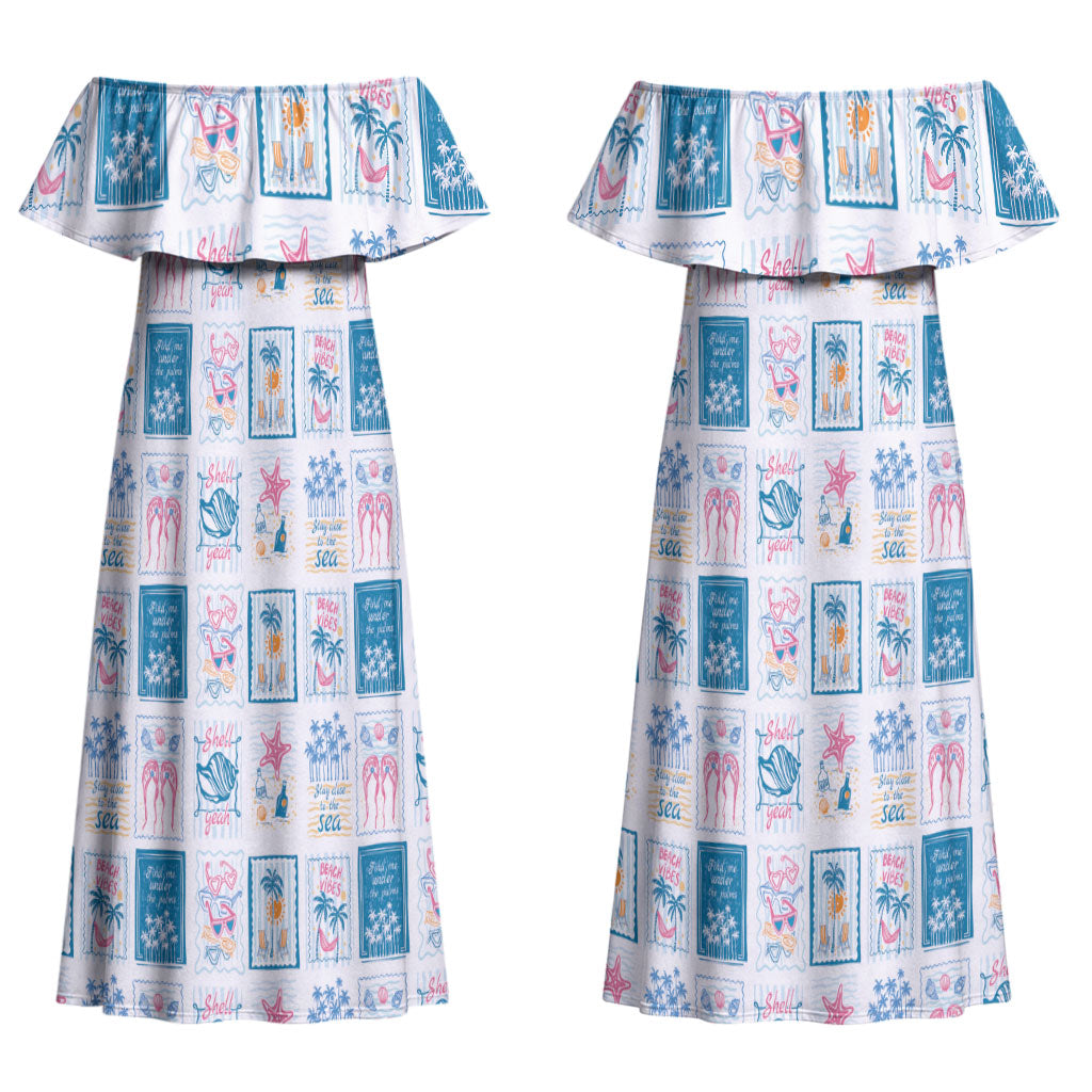 Hawaii Coastal Summer Postcard Couples Matching Off Shoulder Maxi Dress and Hawaiian Shirt