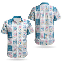 Hawaii Coastal Summer Postcard Couples Matching Off Shoulder Short Dress and Hawaiian Shirt
