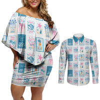 Hawaii Coastal Summer Postcard Couples Matching Off Shoulder Short Dress and Long Sleeve Button Shirt