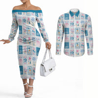 Hawaii Coastal Summer Postcard Couples Matching Off The Shoulder Long Sleeve Dress and Long Sleeve Button Shirt