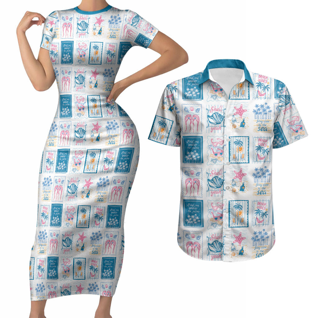 Hawaii Coastal Summer Postcard Couples Matching Short Sleeve Bodycon Dress and Hawaiian Shirt