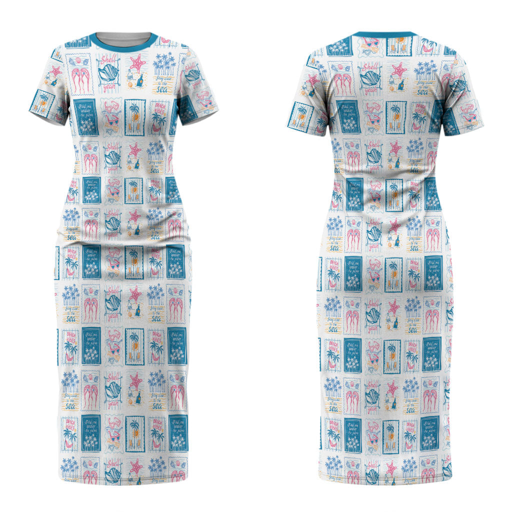 Hawaii Coastal Summer Postcard Couples Matching Short Sleeve Bodycon Dress and Long Sleeve Button Shirt