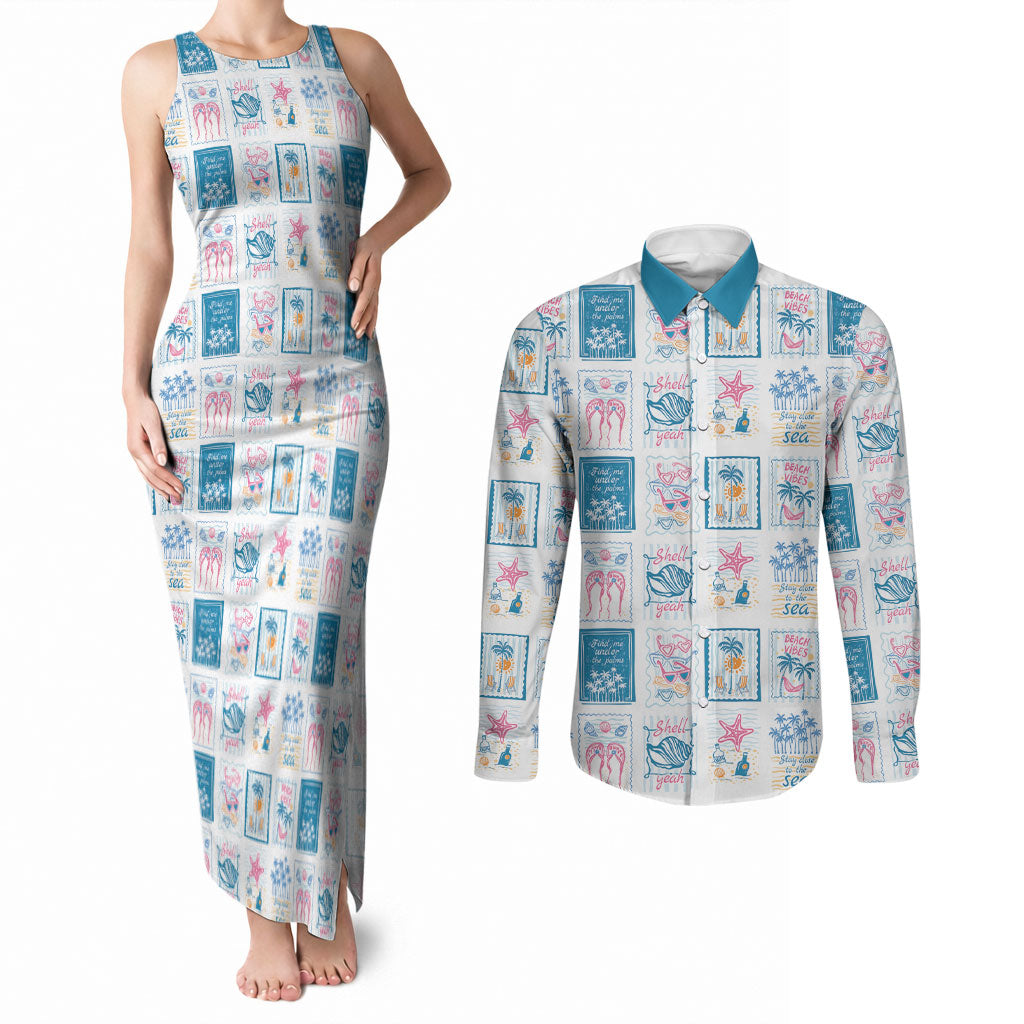 Hawaii Coastal Summer Postcard Couples Matching Tank Maxi Dress and Long Sleeve Button Shirt