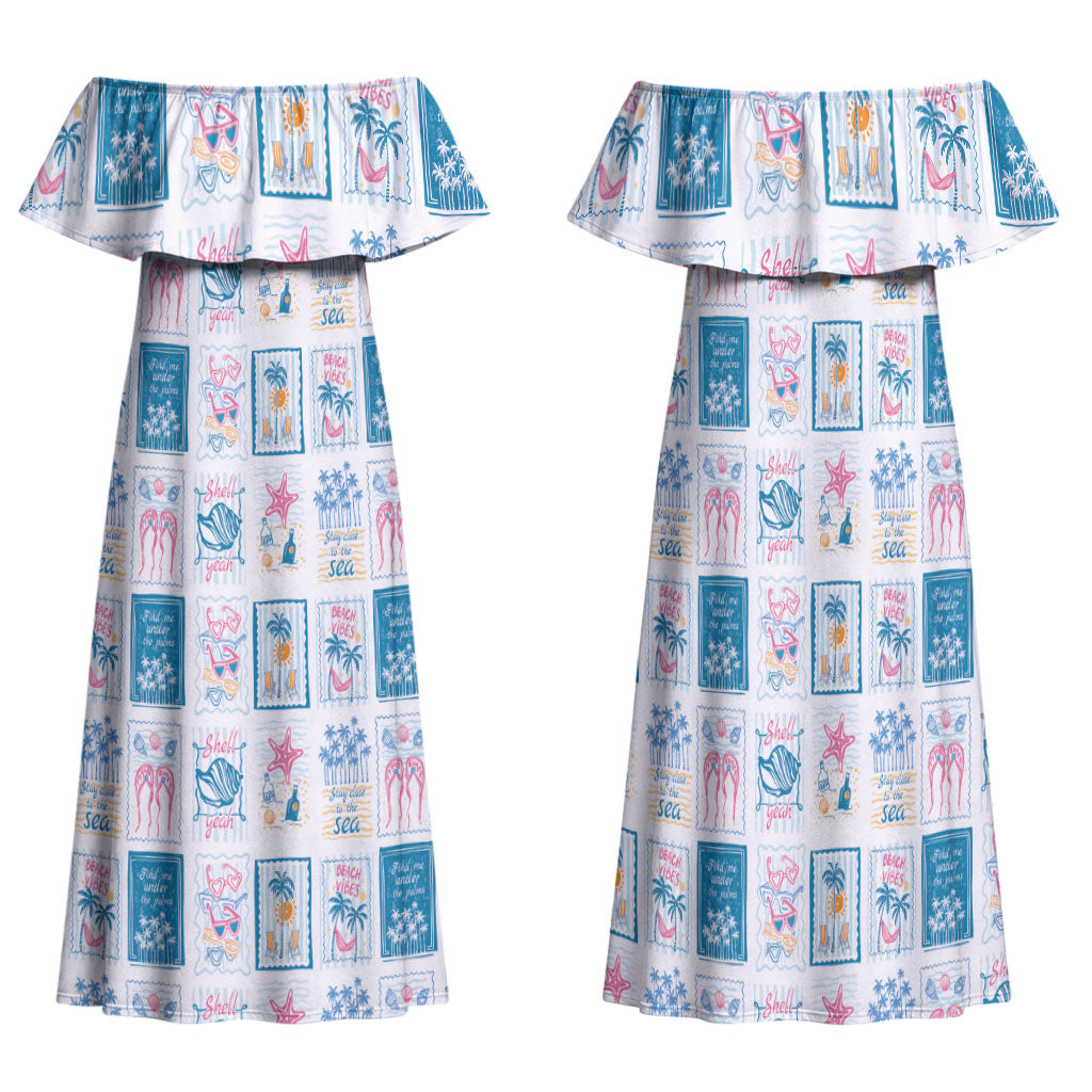 Hawaii Coastal Summer Postcard Family Matching Off Shoulder Maxi Dress and Hawaiian Shirt