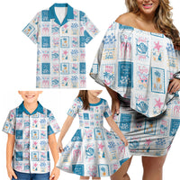 Hawaii Coastal Summer Postcard Family Matching Off Shoulder Short Dress and Hawaiian Shirt