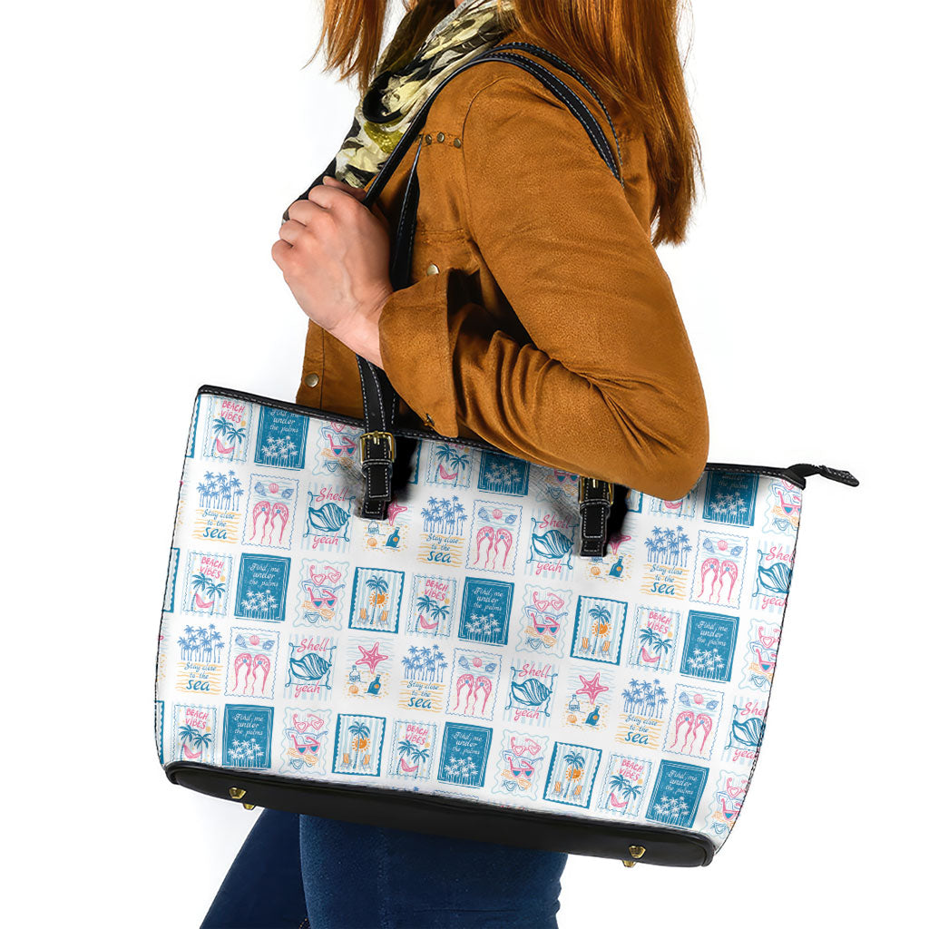 Hawaii Coastal Summer Postcard Leather Tote Bag