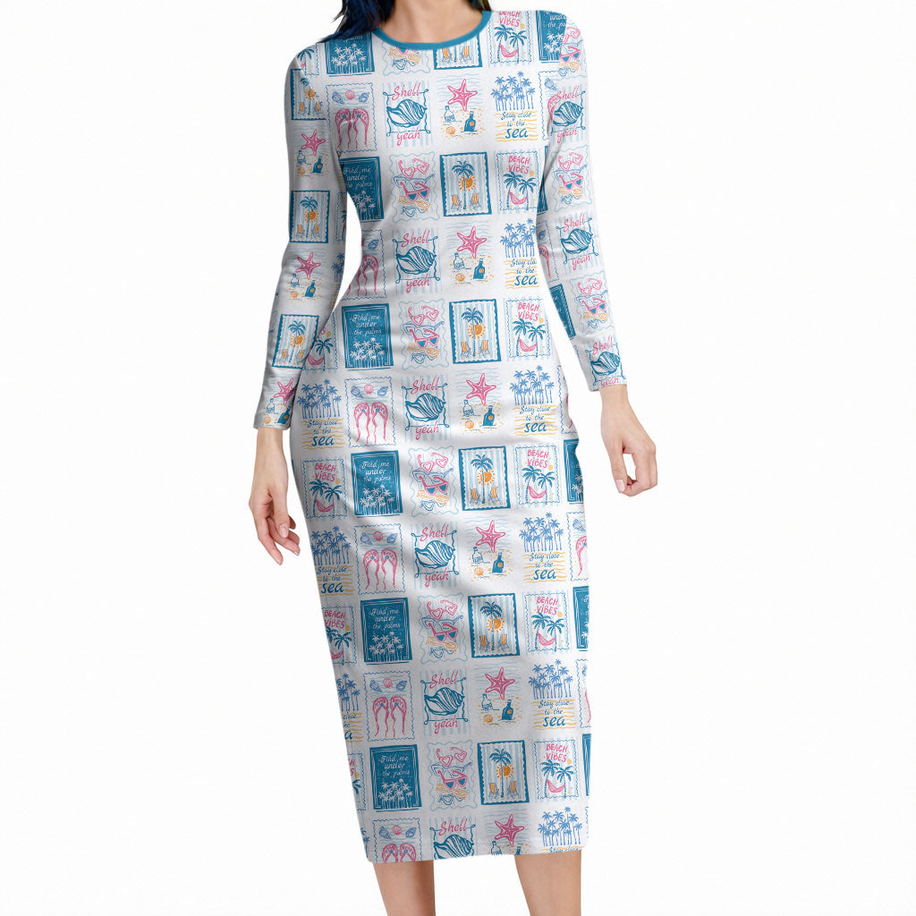Hawaii Coastal Summer Postcard Long Sleeve Bodycon Dress