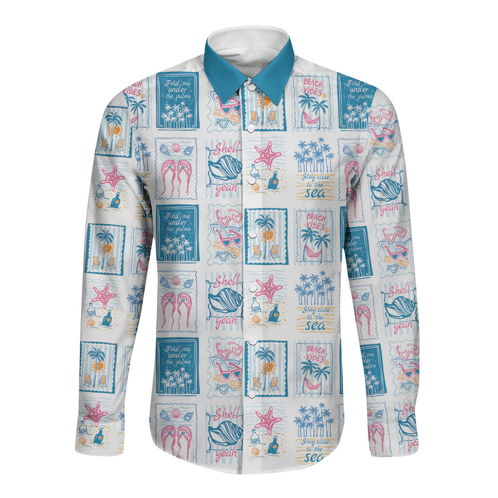 Hawaii Coastal Summer Postcard Long Sleeve Button Shirt