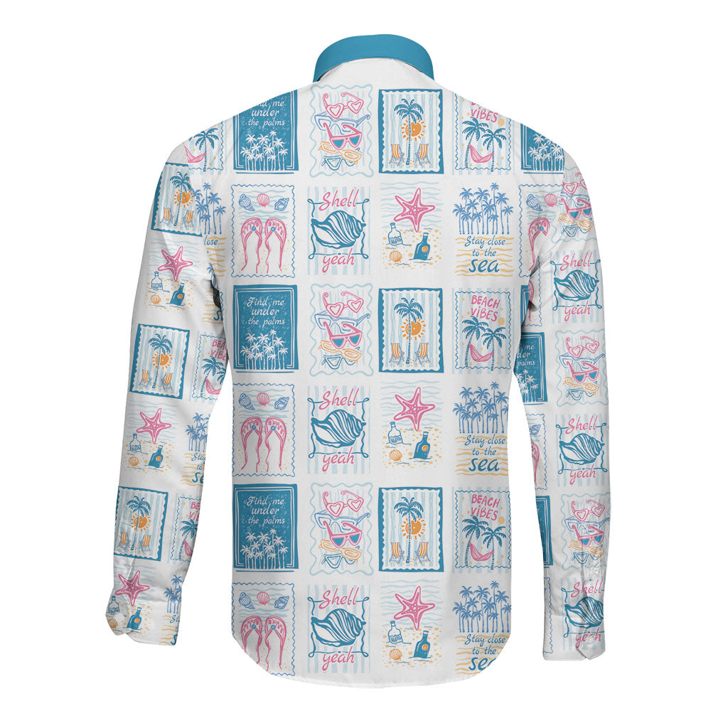 Hawaii Coastal Summer Postcard Long Sleeve Button Shirt