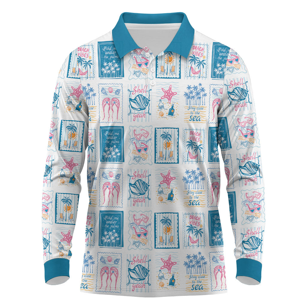 Hawaii Coastal Summer Postcard Long Sleeve Polo Shirt