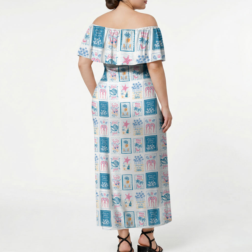 Hawaii Coastal Summer Postcard Off Shoulder Maxi Dress