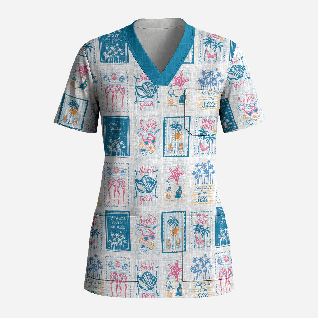Hawaii Coastal Summer Postcard Scrub Top