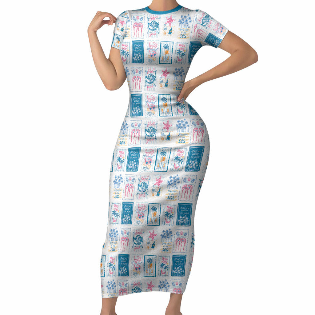 Hawaii Coastal Summer Postcard Short Sleeve Bodycon Dress