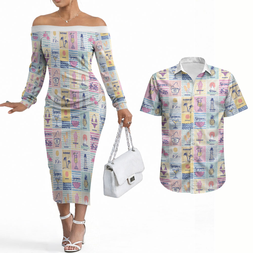 Aloha Summer Posters Grunge Textures Couples Matching Off The Shoulder Long Sleeve Dress and Hawaiian Shirt