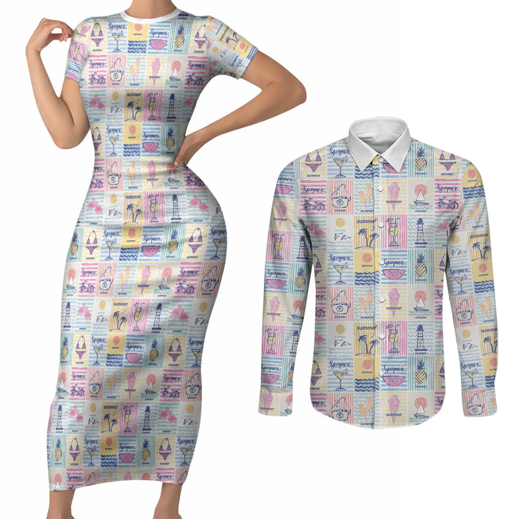 Aloha Summer Posters Grunge Textures Couples Matching Short Sleeve Bodycon Dress and Long Sleeve Button Shirt