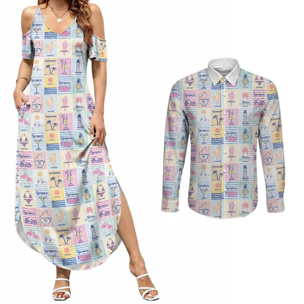 Aloha Summer Posters Grunge Textures Couples Matching Summer Maxi Dress and Long Sleeve Button Shirt