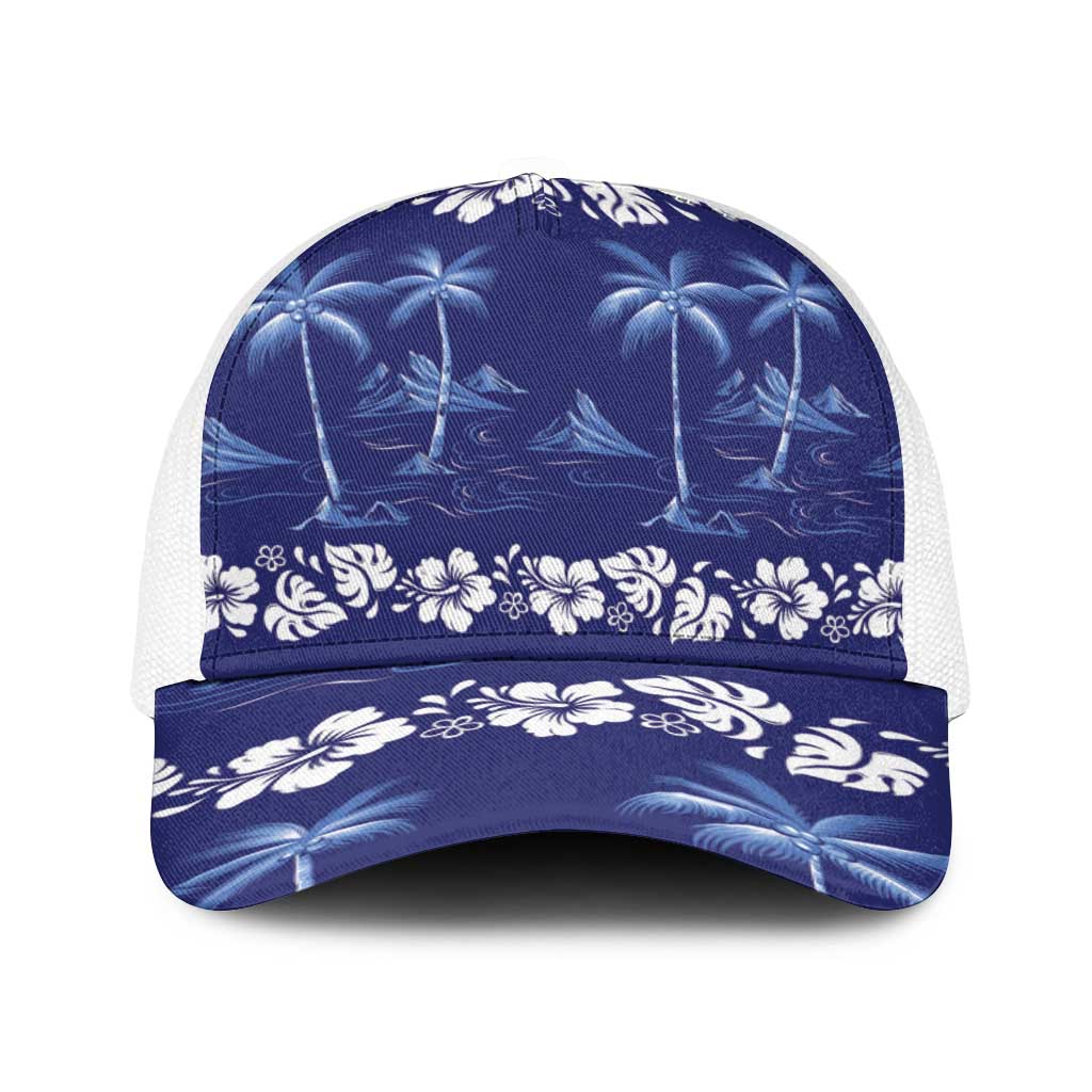 Blue Hawaii Palm Tree Hibiscus Baseball Net Cap Fantasy Summer Vibe LT01 One Size White Blue - Polynesian Pride